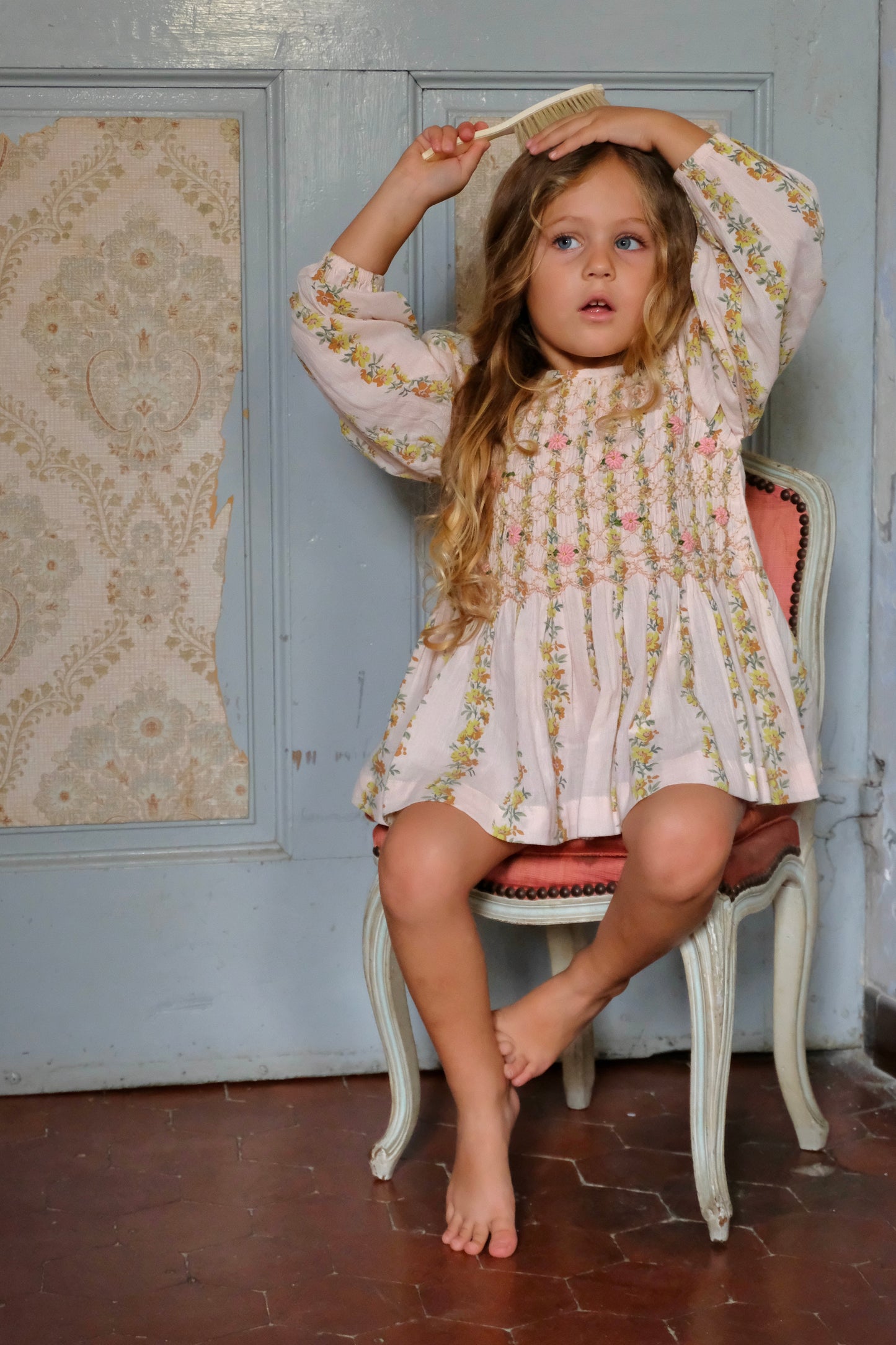 Blouse Smocks Long Sleeves, Farandole Flowers Print Crepe