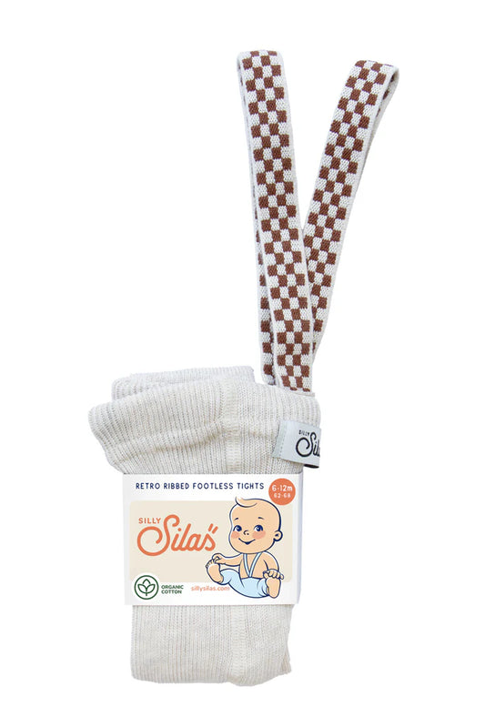 Silly Silas Ribbed Footless Tights, Cream Blend Checked