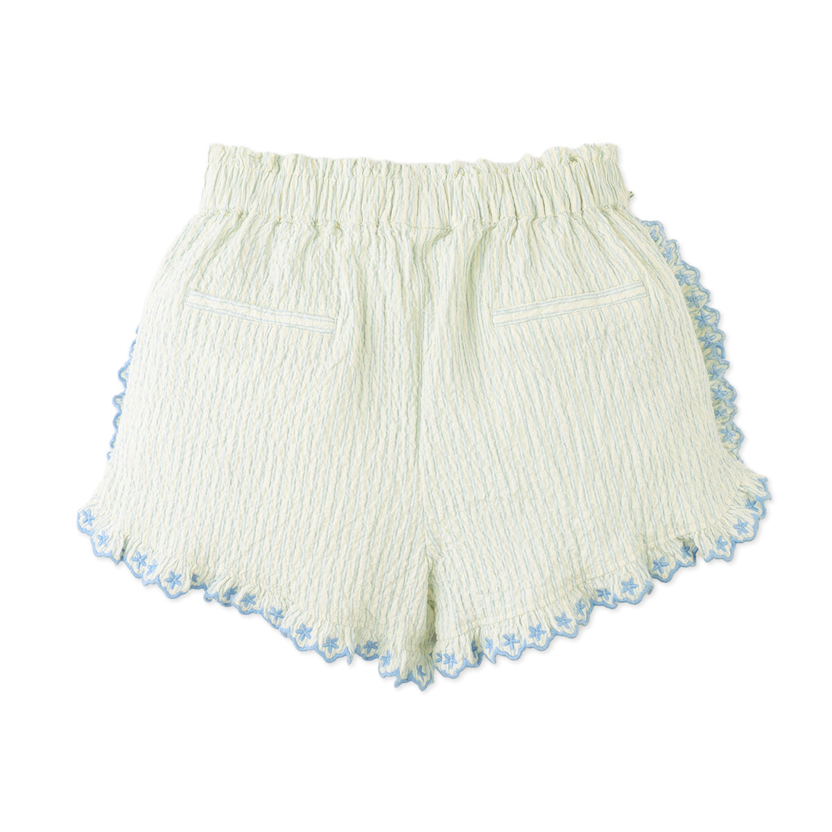 Isabel Ruffled Striped Apron Top with Tie Straps & Shorts, Blue/Green