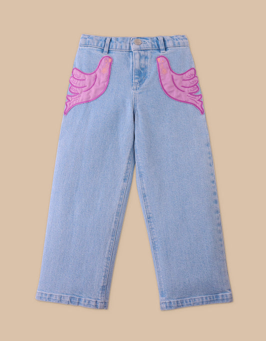 Girls Esme Denim Pants with Bird Patch Pocket, Blue