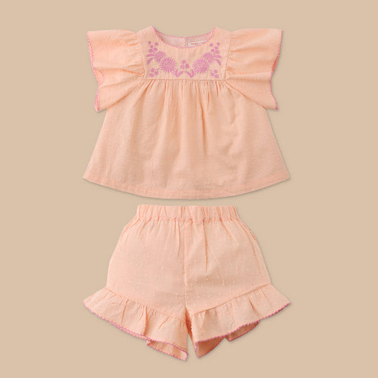 Girls Alana Top and Shorts Set with Embroidery, Peach