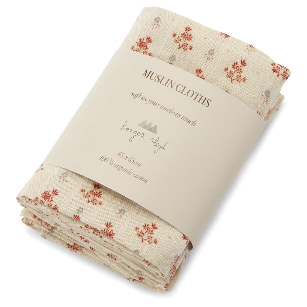 3 Pack Large Muslin Cloth, Vintage Floral Red