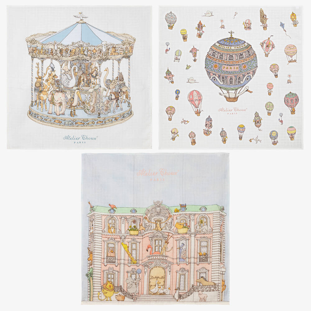 Atelier Choux Paris Organic Cotton Carrés Gift Set, Ivory & Blue