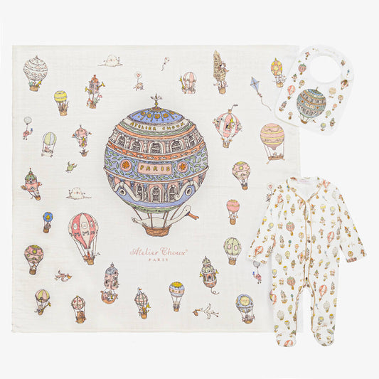 Atelier Choux Paris Newborn Babysuit Gift Set, Hot Air Balloons
