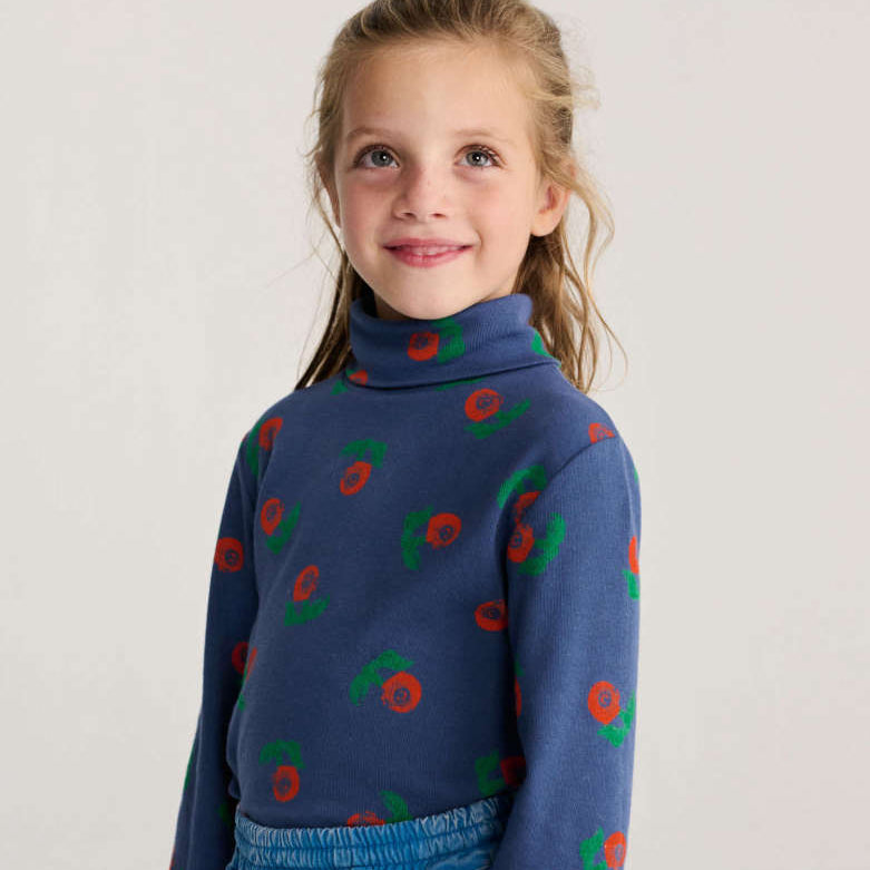 Stamp Bloom All Over Turtle neck T-shirt, Navy Blue