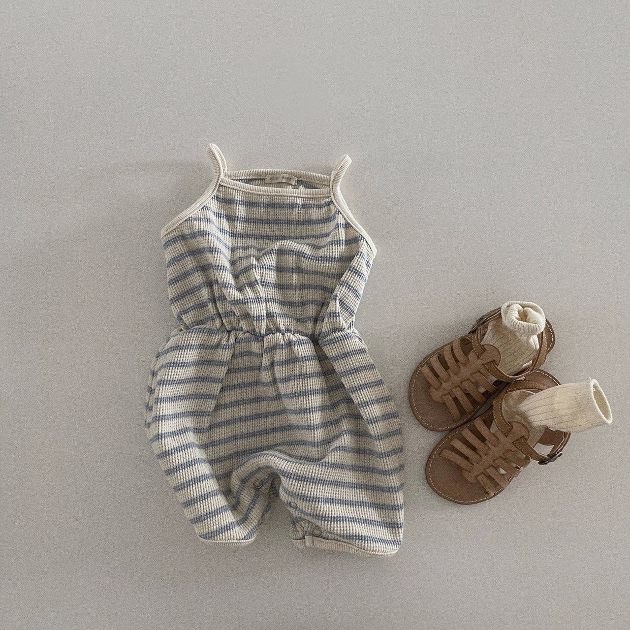 Waffle Striped Romper, Sky