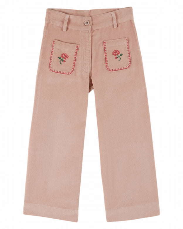 Velvet Cross-Stitch Pants, Pink Peony