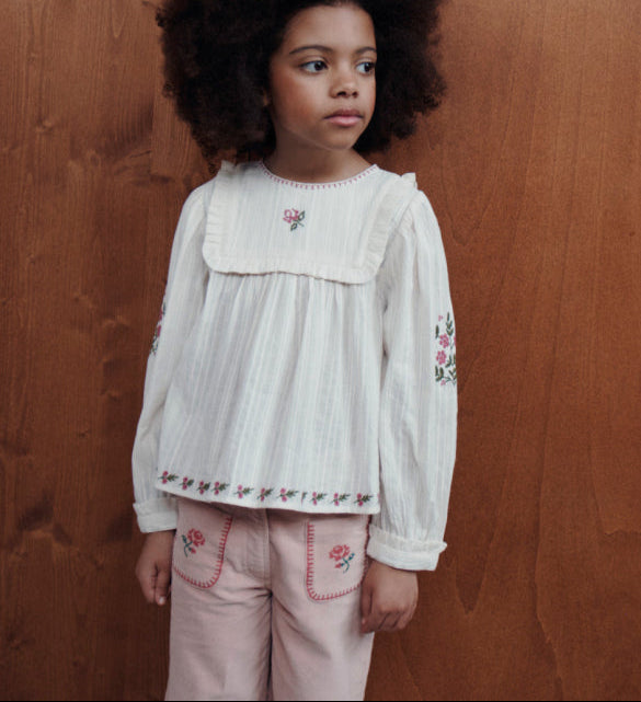 Velvet Cross-Stitch Pants, Pink Peony