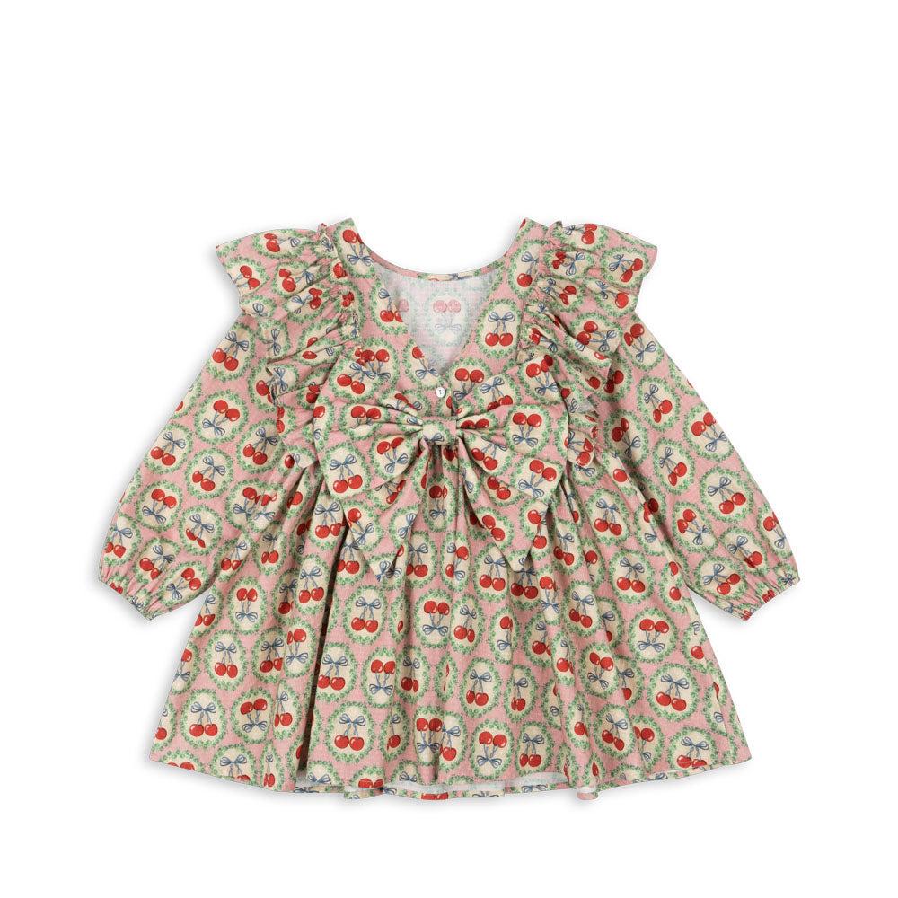 Evia LS Bow Dress GOTS, Cherry Bow