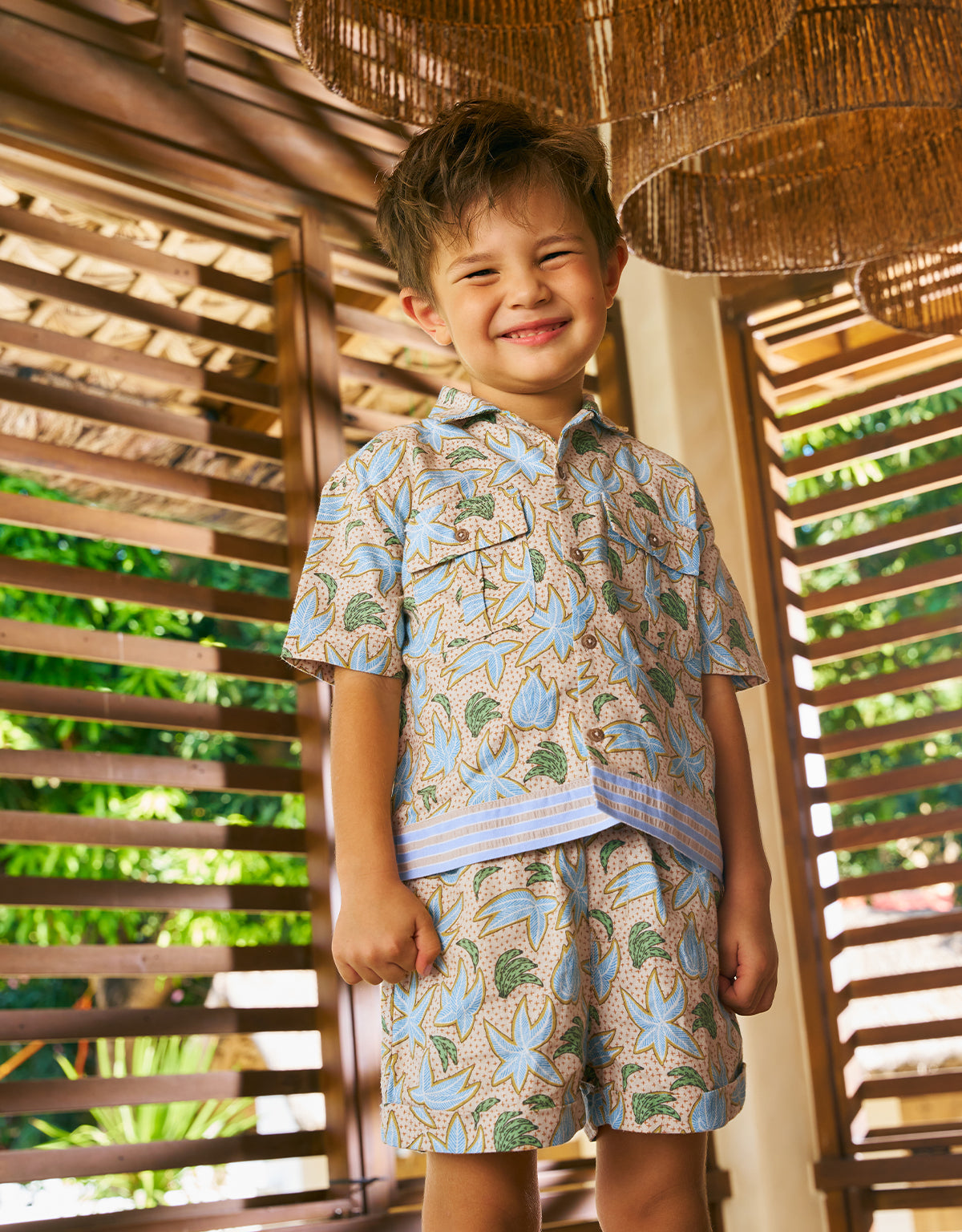 Baby Mo Palms & Bananas Panaman Shirt & Shorts Set, Multicolor