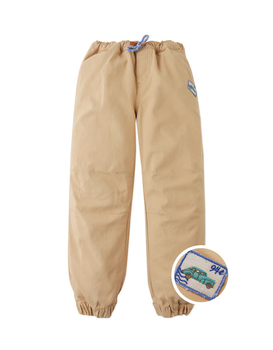Matt Fine Twill Drawstring Joggers with Patches, Khaki