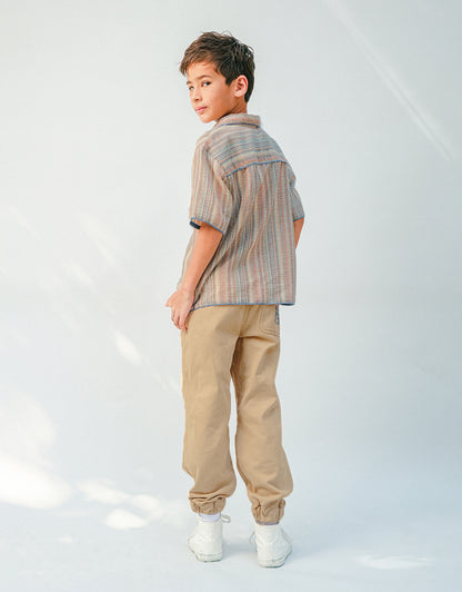 Matt Fine Twill Drawstring Joggers with Patches, Khaki