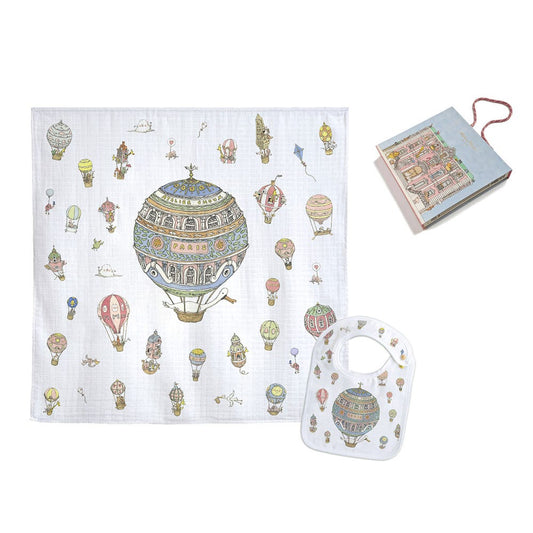 Atelier Choux Paris Organic Cotton Carrés & Bib Gift Set, Hot Air Balloons