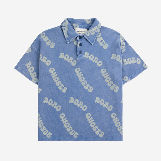 Wavy Bobo Choses all over Waffle Polo Shirt, Blue