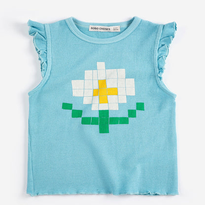 Pixel Daisy Ruffleed Top, Light Blue