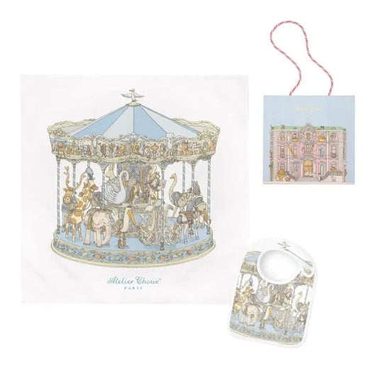 Atelier Choux Paris Organic Cotton Carrés & Bib Gift Set, Carousel Blue