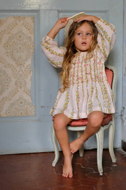 Blouse Smocks Long Sleeves, Farandole Flowers Print Crepe