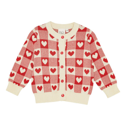 Heart Cardigan, Poppy Red & Soft White