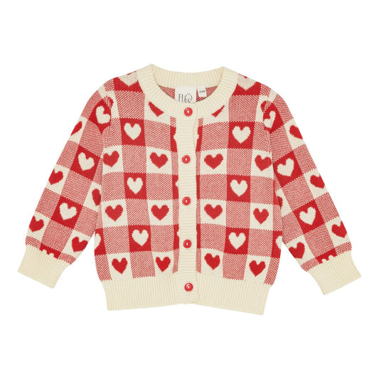 Heart Cardigan, Poppy Red & Soft White
