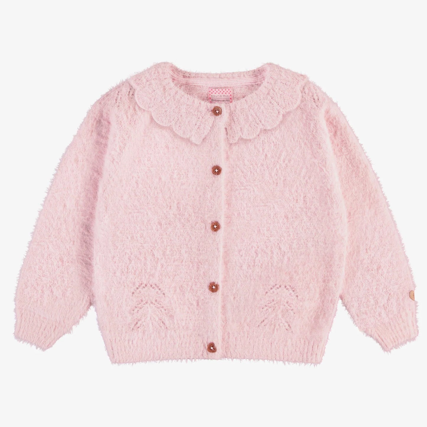 Knitted Cardigan with Ruffled Collar, Light Pink