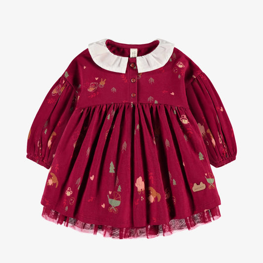 Baby Bodysuit Dress with Holiday Print and Claudine Collar, Red