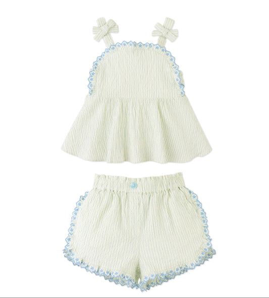 Isabel Ruffled Striped Apron Top with Tie Straps & Shorts, Blue/Green