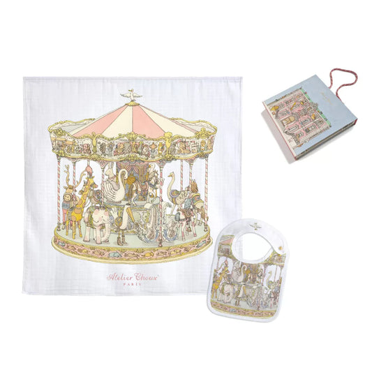 Atelier Choux Paris Organic Cotton Carrés & Bib Gift Set, Carousel Pink