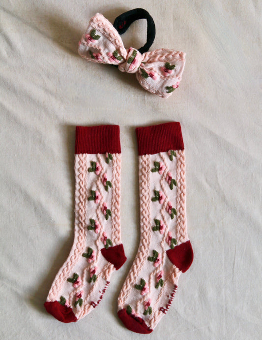 Farandole Flowers Socks with Hair Knot, Red & Pink