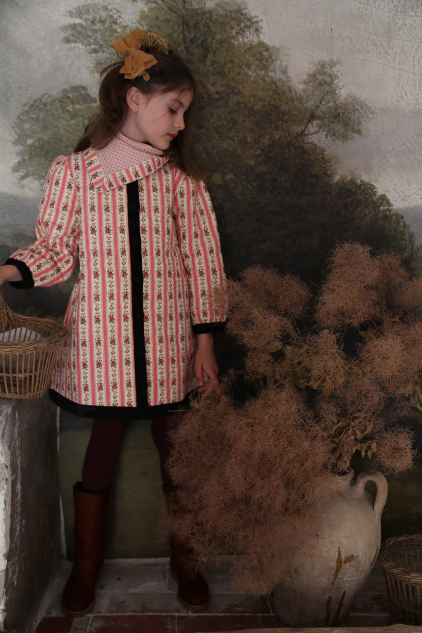 Dress Coat with Scarf, Tapestry Pink Stripe Print