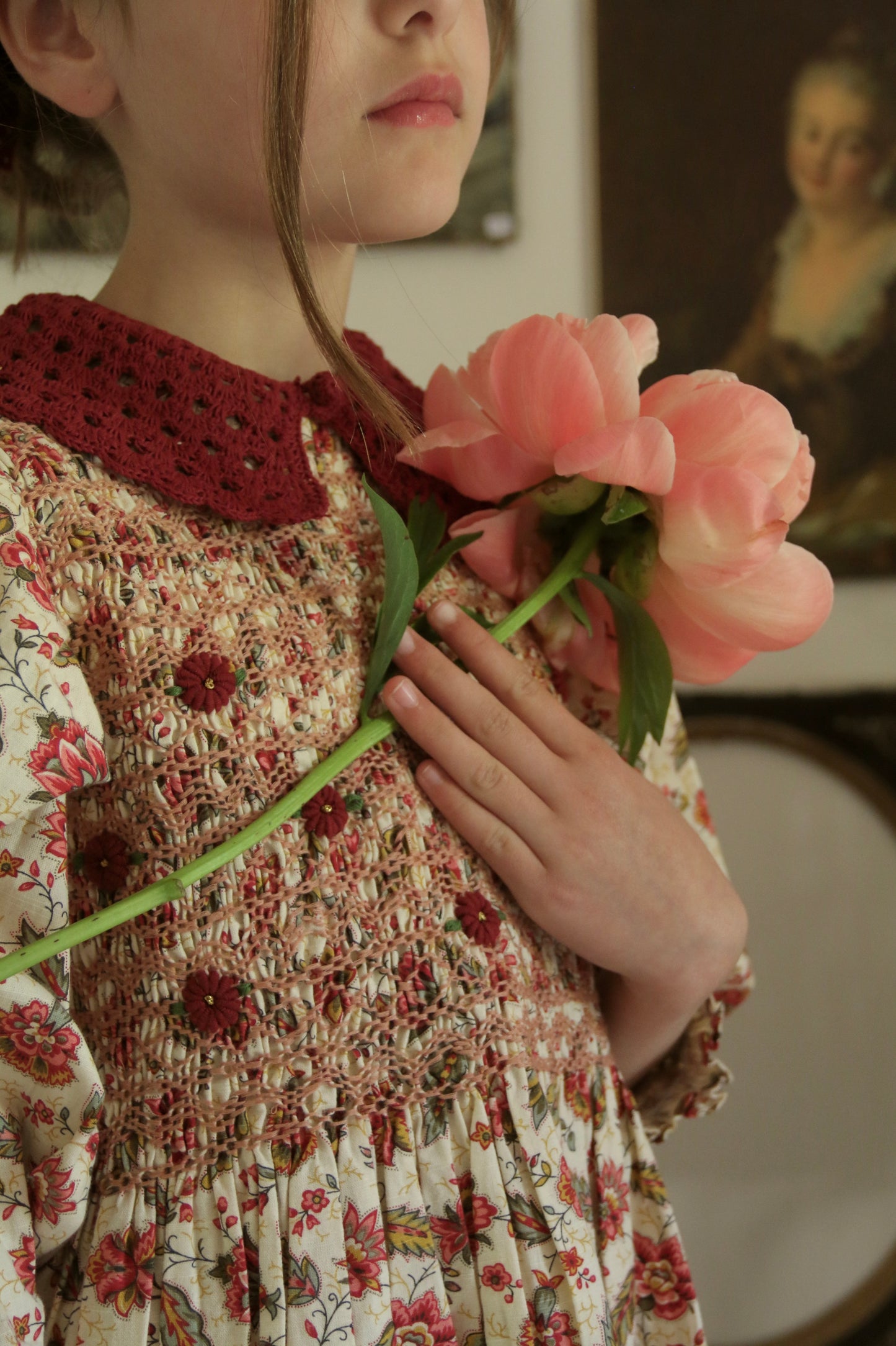 Handsmock Blouse with Crochet Collar, Aline Print