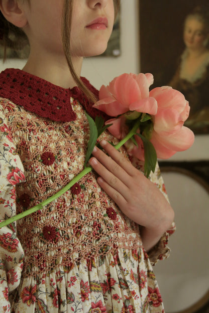 Handsmock Blouse with Crochet Collar, Aline Print