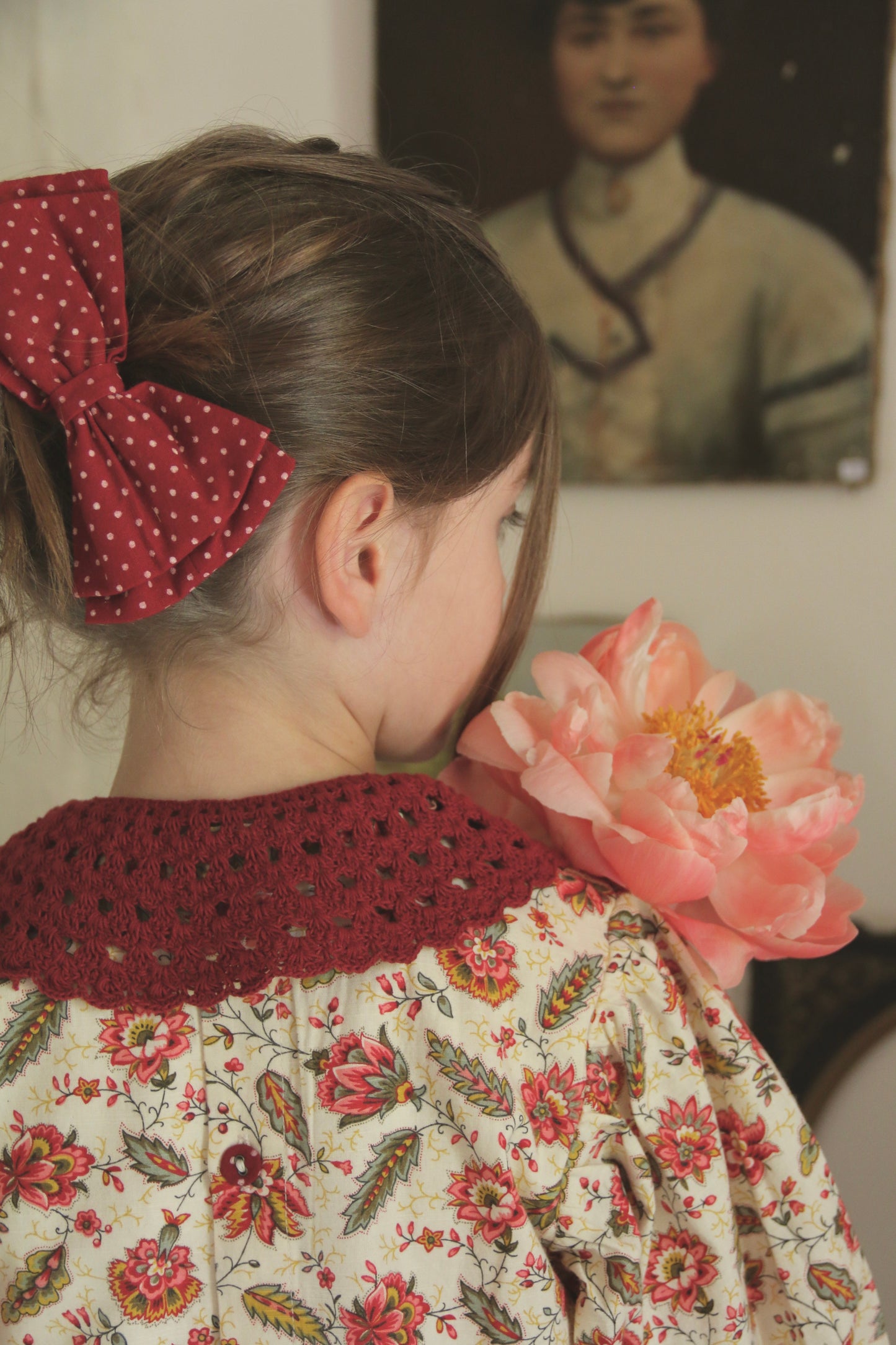 Handsmock Blouse with Crochet Collar, Aline Print