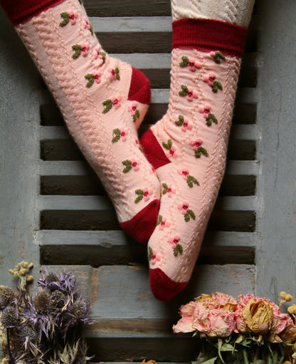 Farandole Flowers Socks with Hair Knot, Red & Pink