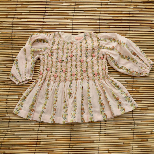 Blouse Smocks Long Sleeves, Farandole Flowers Print Crepe
