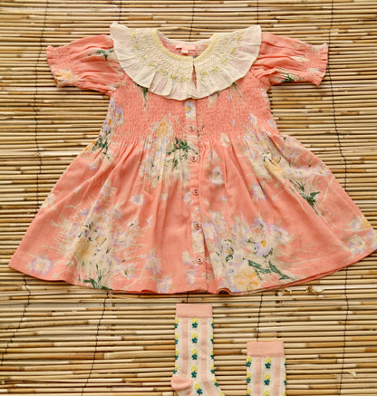 Tunique with Emb Collar & Hair Clip, Marguerite Print Crepe