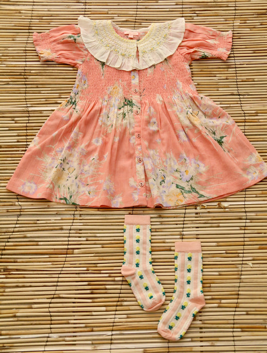 Tunique with Emb Collar & Hair Clip, Marguerite Print Crepe