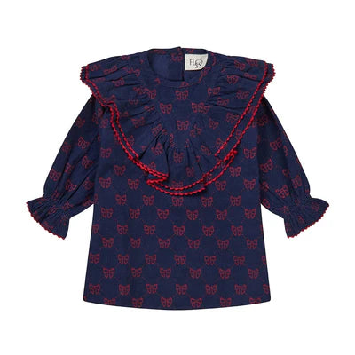 Luna Dress, Navy & Ruby Red Bows