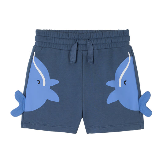Baby Boy Fleece Shorts with Whale Graphic, Retro Blue