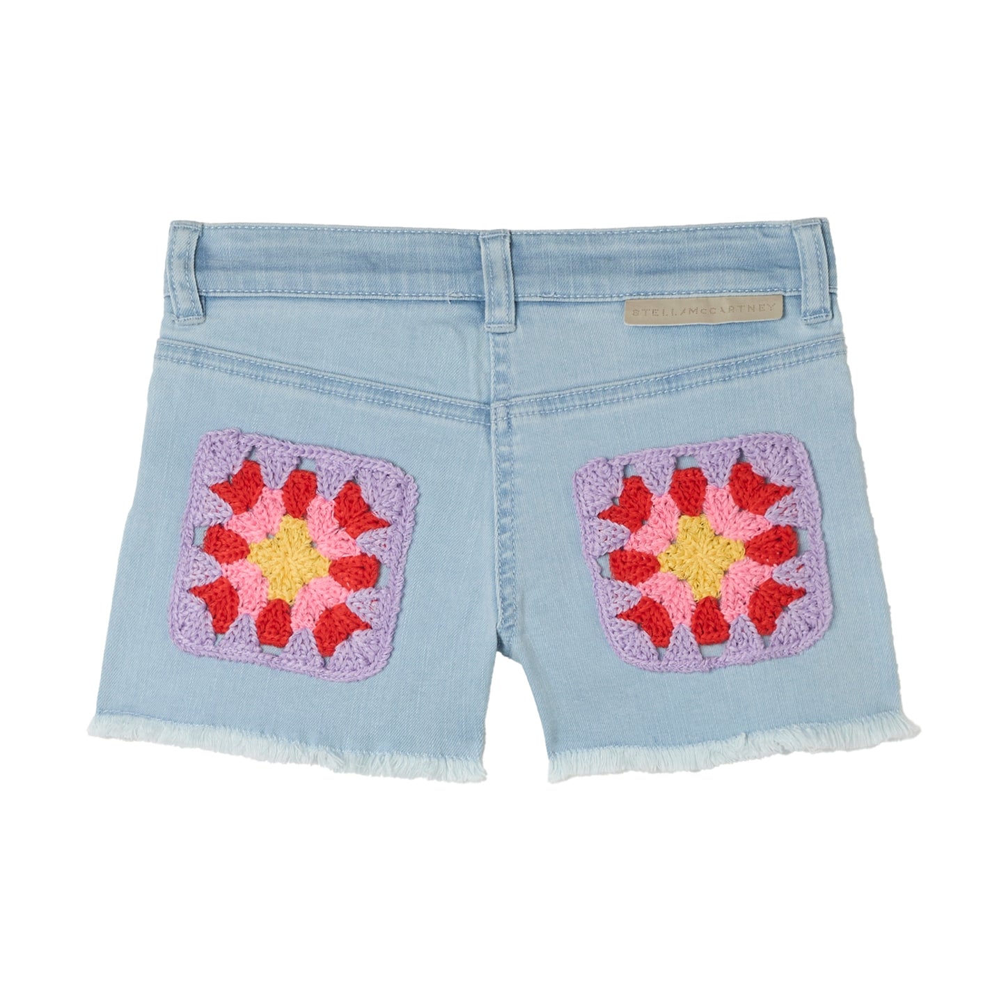 Crochet-trimmed denim shorts, Light Blue
