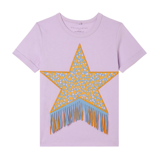 Girl SS T-Shirt with Star Patch and Fringes, Lilac