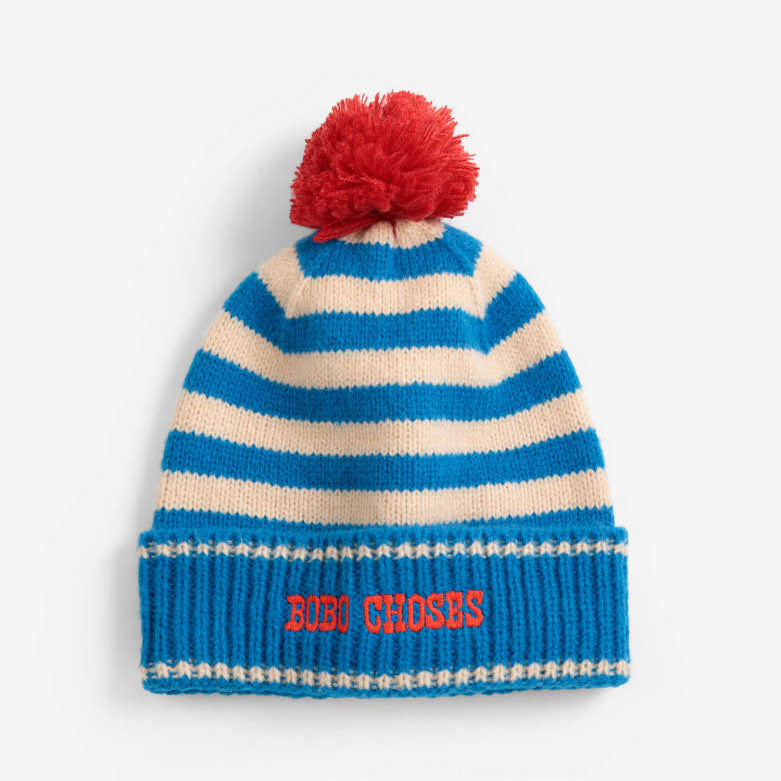 Bobo Choses Striped Knitted Hat, Light Blue