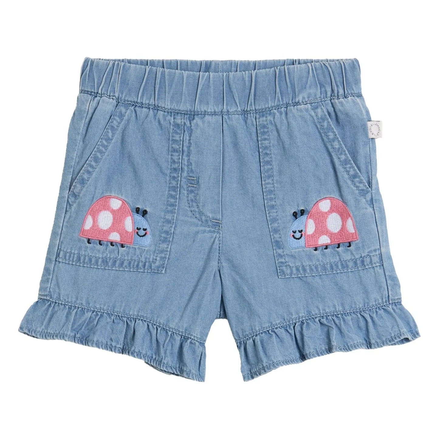 Baby Girl Chambray Shorts with Ladybug Embro, Light Blue
