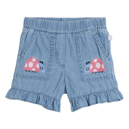 Baby Girl Chambray Shorts with Ladybug Embro, Light Blue