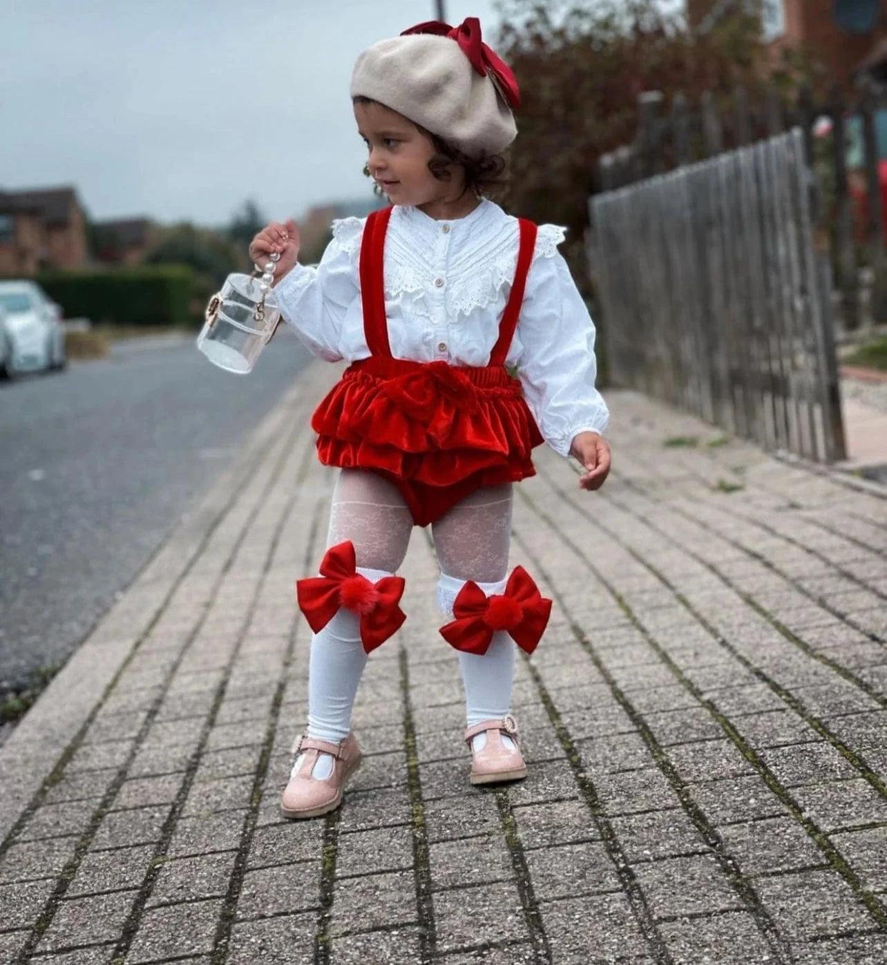 Lana Ruffle Satin Bows and Poms Socks, Red