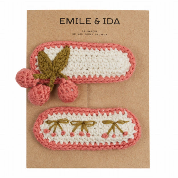 2 Crochet Cherry Barrettes, Pink