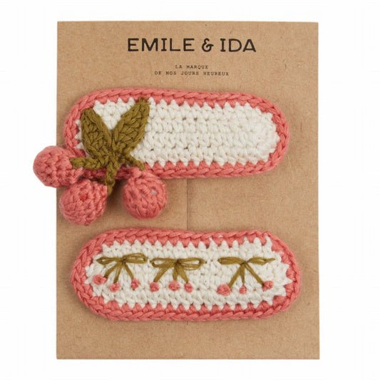2 Crochet Cherry Barrettes, Pink