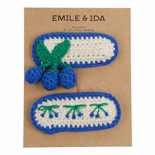 2 Crochet Cherry Barrettes, Blue