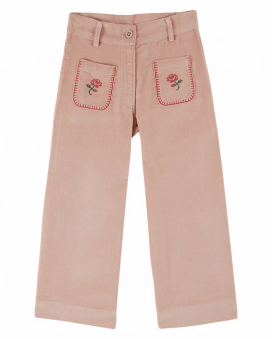 Velvet Cross-Stitch Pants, Pink Peony