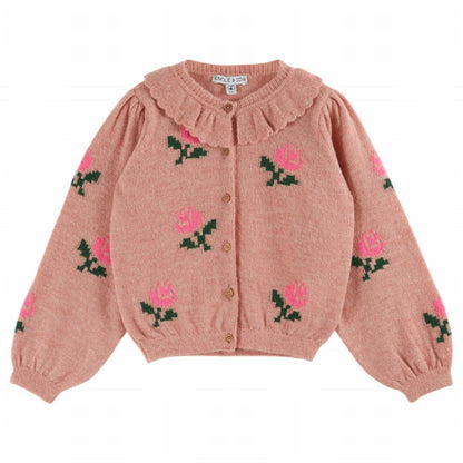 Floral Ruffled Collar Cardigan, Rose Pink