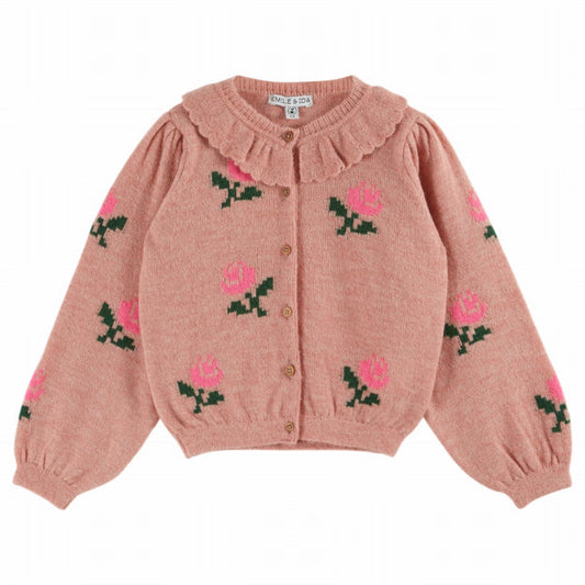 Floral Ruffled Collar Cardigan, Rose Pink